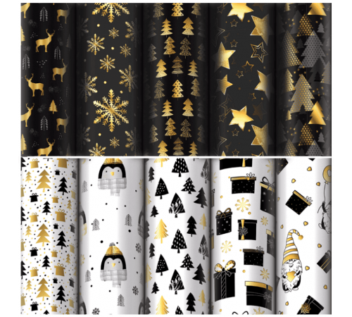 Бумага оберточная 70см*100см Новый год НГ Black.Gold.White рисунок в ассортименте